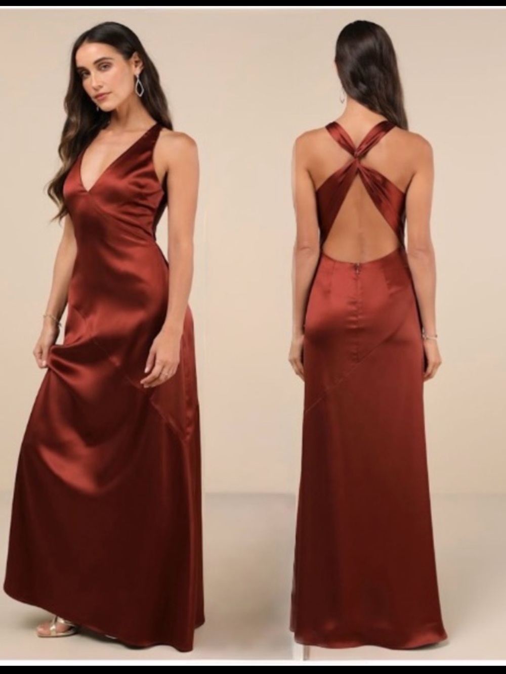 Satin V-Neck Cross-Back Maxi Dress - Rust